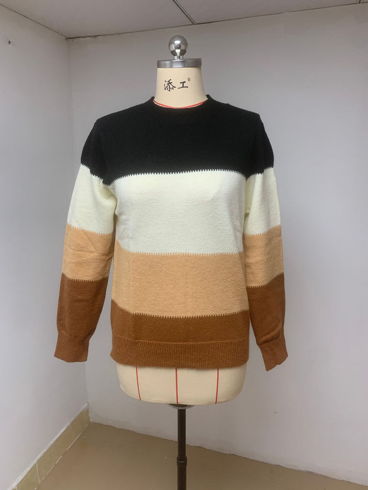 Damen Rundhals Strickpullover mit modernen Farbkombinationen Drune