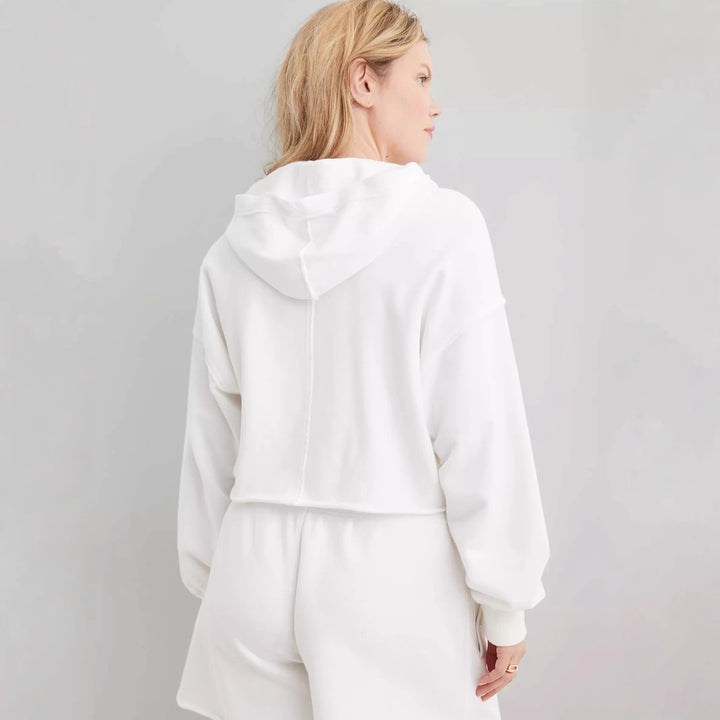Damen Oversize Kapuzenpullover mit tiefem V-Ausschnitt, offener Knopfleiste und rohem Saum Drune