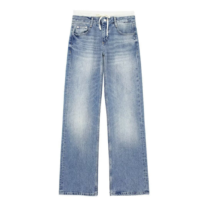 Damen 30+ weite High‑Waist Jeans mit elastischem Tunnelzugbund und geradem Bein Drune