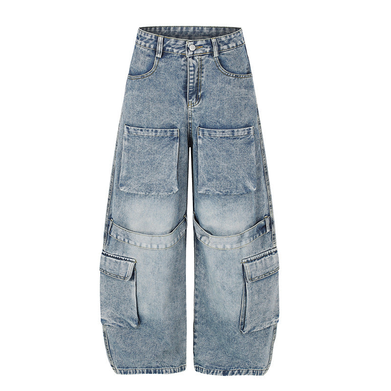 Damen Hochgeschnittene weite Cargo-Palazzo-Jeans mit großen aufgesetzten Taschen und Vintage-Waschung Drune