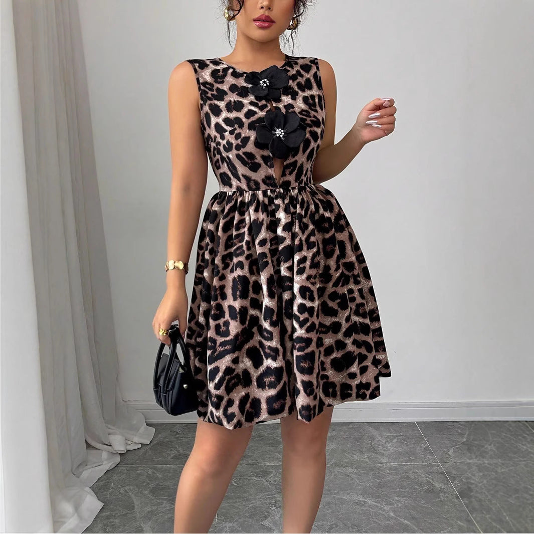 Damen nan kurzes Partykleid mit Leopardenmuster, floralen Applikationen und tailliertem Ballonrock Drune