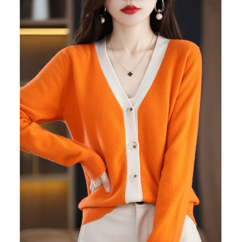 Damen Kontrastbesetzter V‑Neck-Feinstrickcardigan mit Perlmuttknöpfen Drune