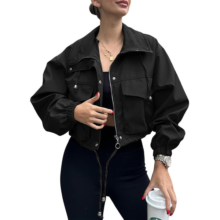 Damen kurze Utility-Jacke mit Kordelzug, Reißverschluss und aufgesetzten Taschen Drune