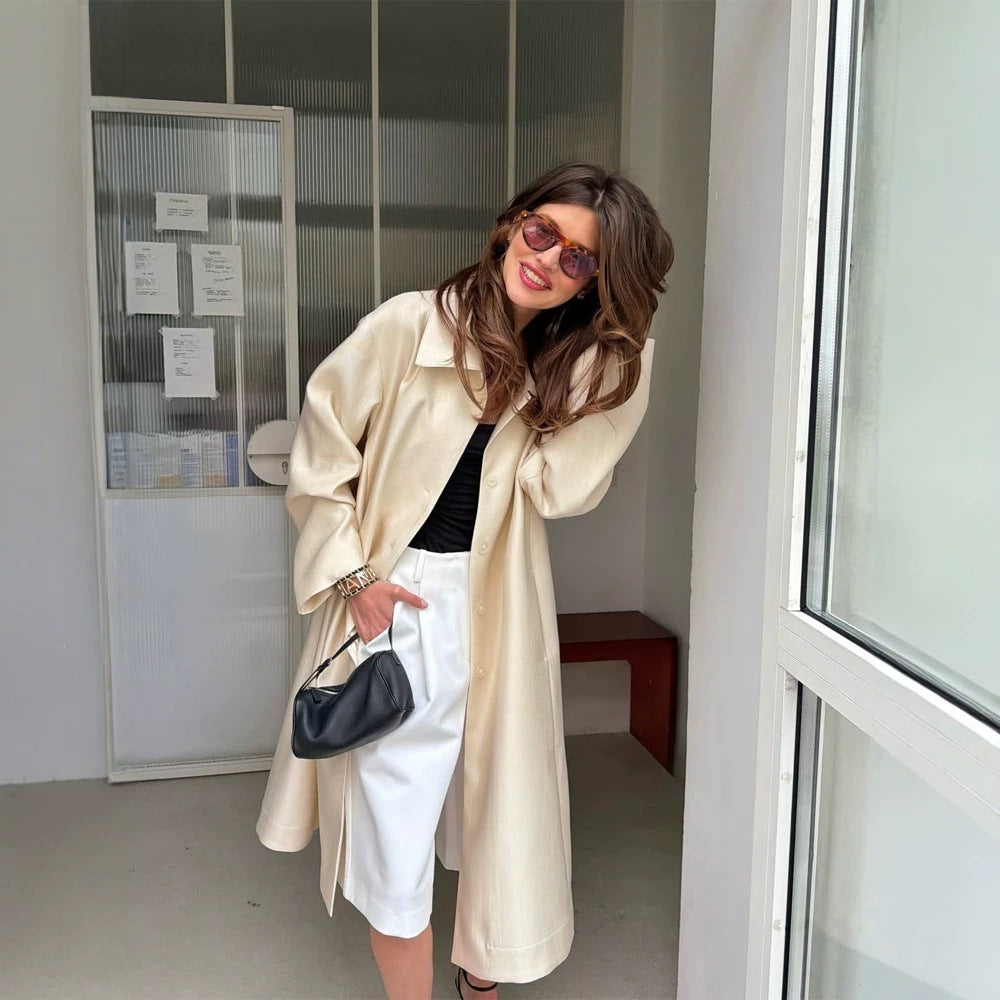 Damen Leichter Satin‑Optik Longcoat mit kastiger Oversize‑Silhouette Drune