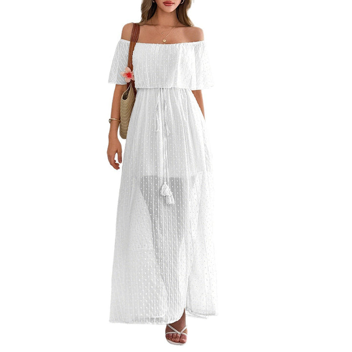 Damen Off-Shoulder Maxikleid mit feinem Punktedesign und Taillenbindung Drune