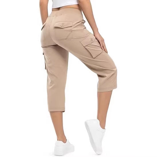 Damen Capri Cargo-Hosen in Bermuda-Länge mit hoher Taille und aufgesetzten Klappentaschen Drune
