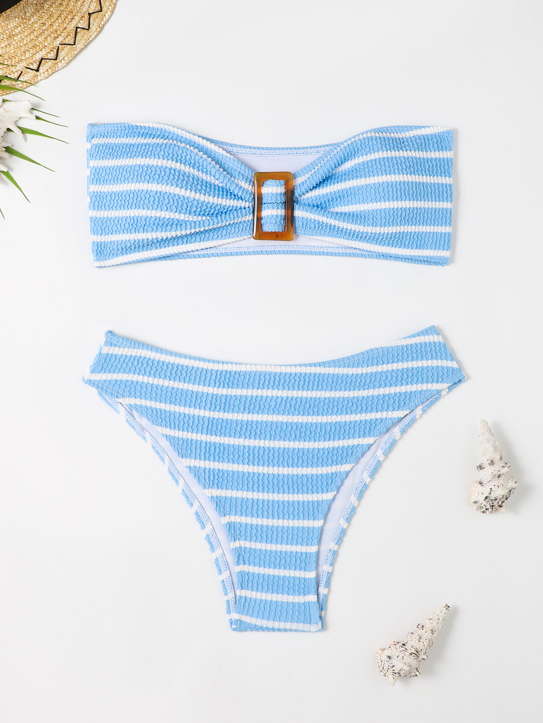 Damen Bandeau-Bikini mit modischem Streifenmuster und dekorativer Schnalle Drune