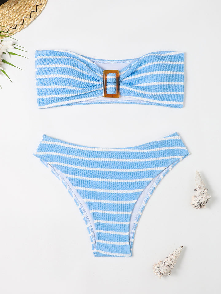 Damen Bandeau-Bikini mit modischem Streifenmuster und dekorativer Schnalle Drune