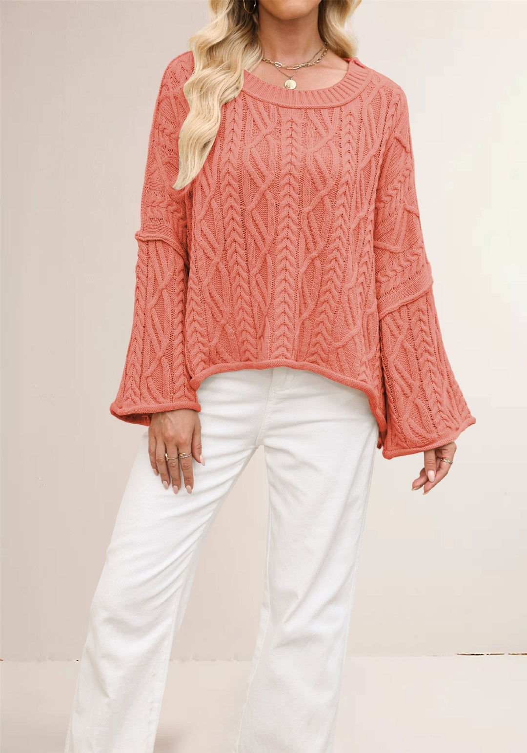 Damen lässiger Strickpullover mit weitem Schnitt und eleganten Zopfmuster Drune