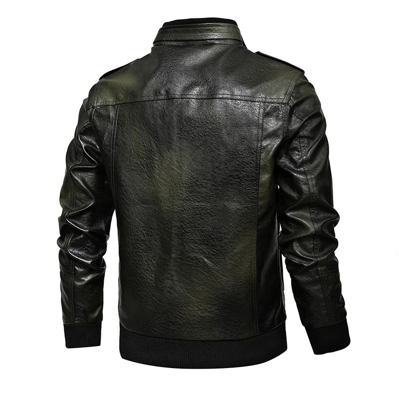 Herren Pilotenblouson aus Kunstleder mit Stehkragen und Utility‑Taschen Drune