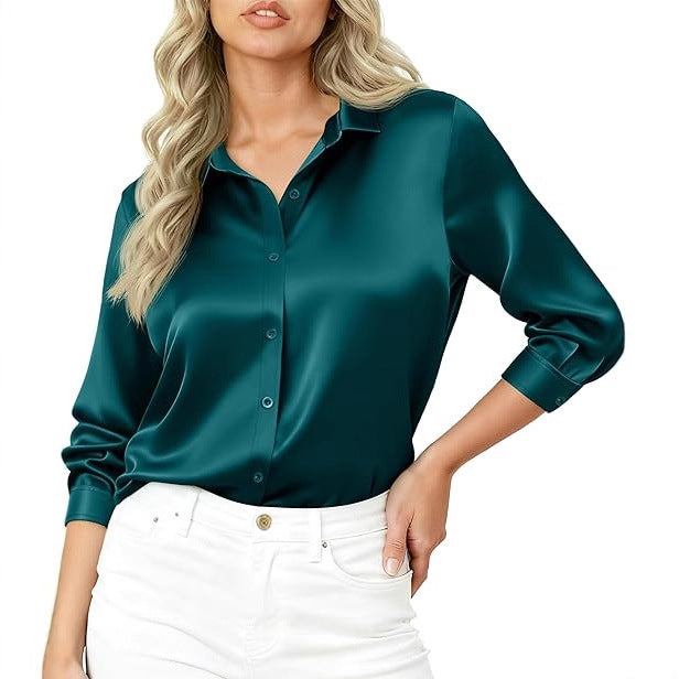 Damen Seidiges Satin-Blusenshirt mit Hemdkragen und dreiviertel Ärmeln Drune