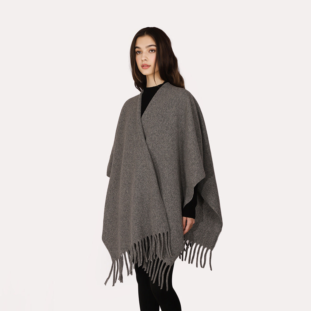 Damen Kaschmir‑Optik Capeponcho mit Fransen und offenem Oversize‑Schnitt Drune