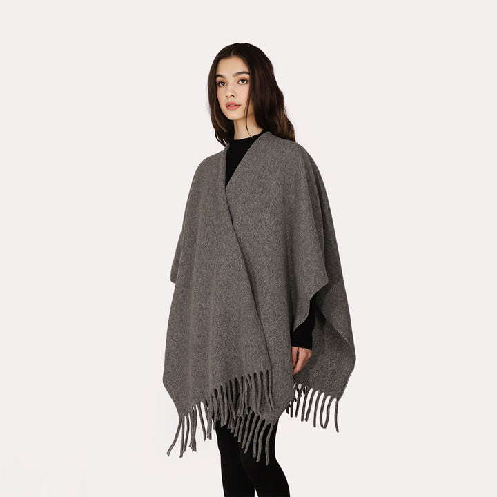Damen Kaschmir‑Optik Capeponcho mit Fransen und offenem Oversize‑Schnitt Drune