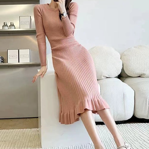 Damen Strickkleid mit weit ausgestelltem Saum und eleganten Rippdetails Drune