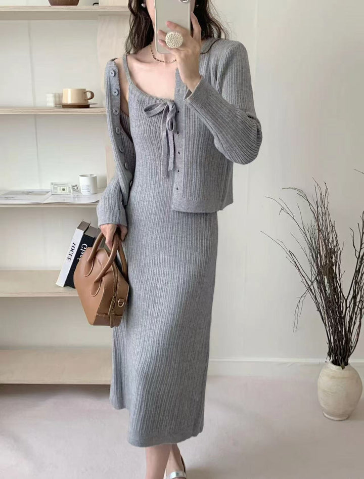 Damen Strickjacke mit Maxikleid im Rippdesign und femininem Bindegürtel Drune
