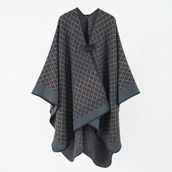 Damen Wollponcho mit geometrischem Karomuster und Knebelverschluss Drune