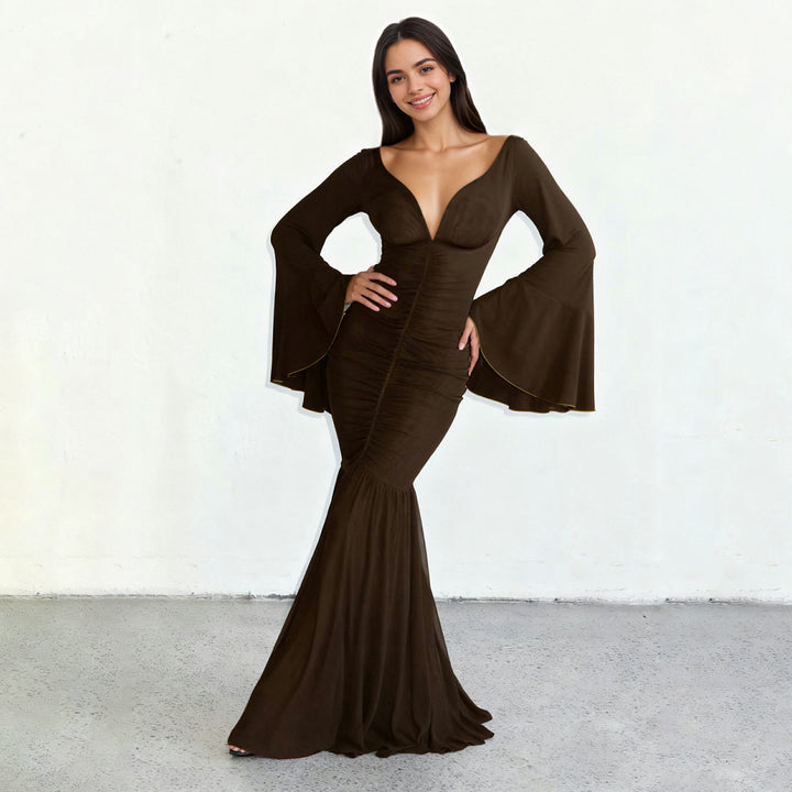 Damen nan gerafftes Maxikleid mit V-Ausschnitt, Trompetenärmeln und Stufenrüsche Drune