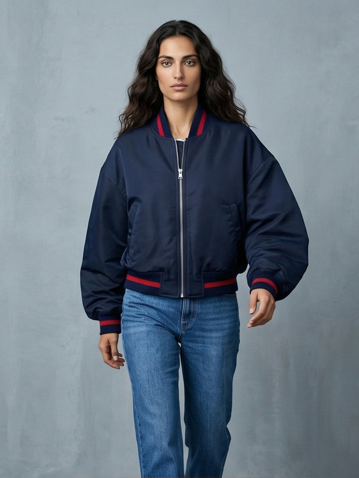 Damen Kurz geschnittene Oversize Bomberjacke mit voluminösen Ärmeln und Rippenbündchen Drune