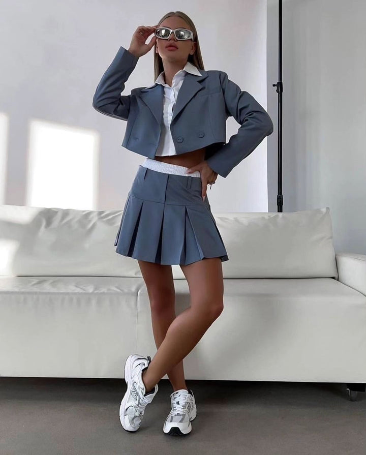 Damen modisches Blazer-Rock-Set mit stylischem Kragen und Faltenrock Drune