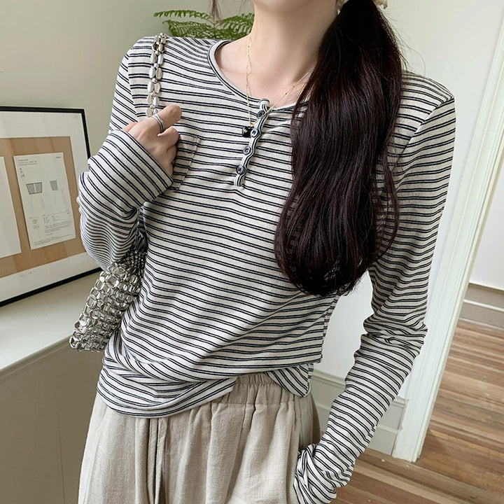 Damen modisches Langarmshirt mit Knopfleiste und Streifenmuster Drune