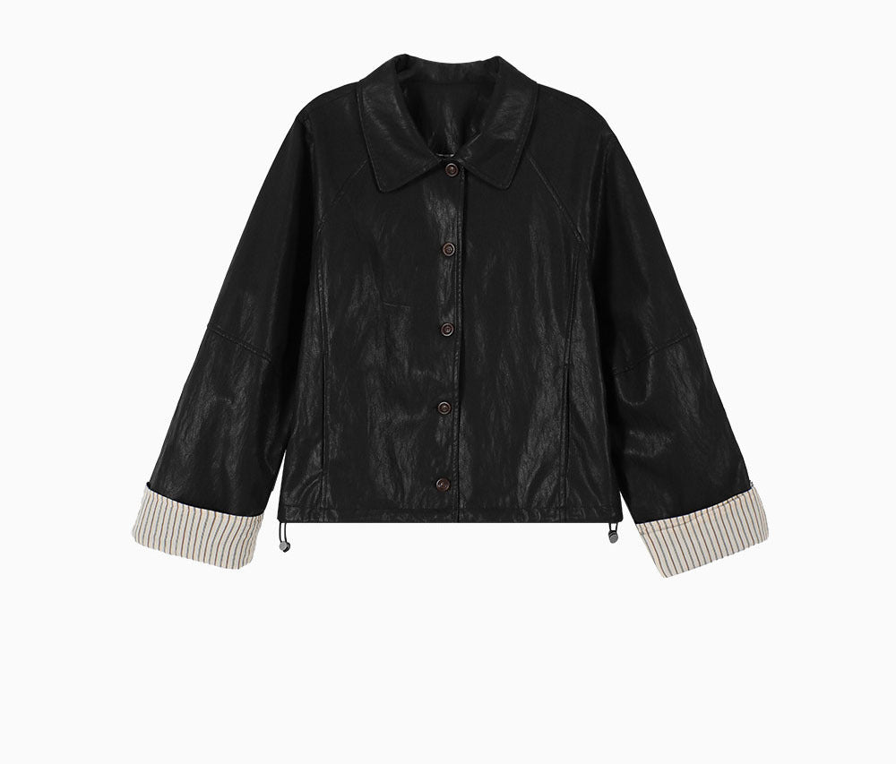 Damen Moderne Lederjacke mit gestreiften Manschetten Drune