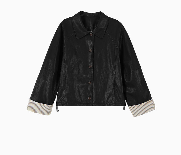 Damen Moderne Lederjacke mit gestreiften Manschetten Drune
