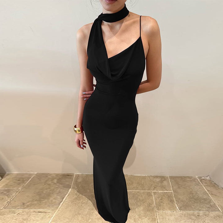 Damen Elegantes Maxikleid mit asymmetrischem Halterneck Drune