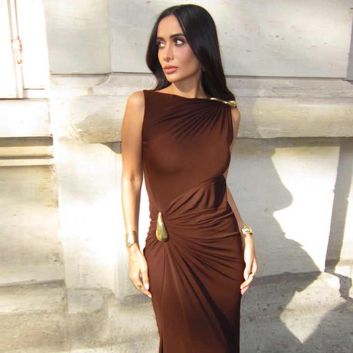 Damen Elegantes Maxikleid mit asymmetrischem Design und drapierter Taille Drune