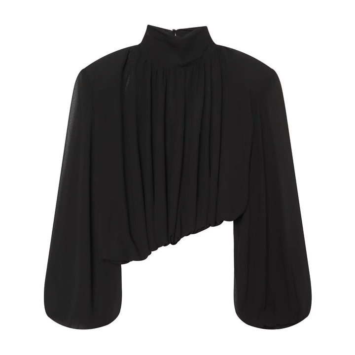Damen Plissierte Bluse mit Stehkragen und Ballonärmeln Drune