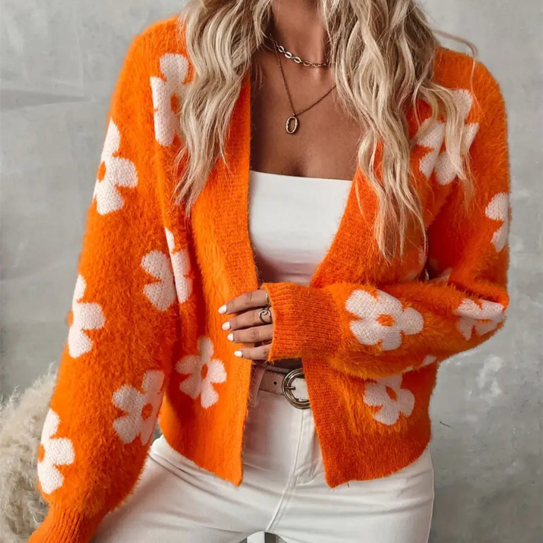 Damen Flauschiger Cardigan mit Blumenmuster Drune