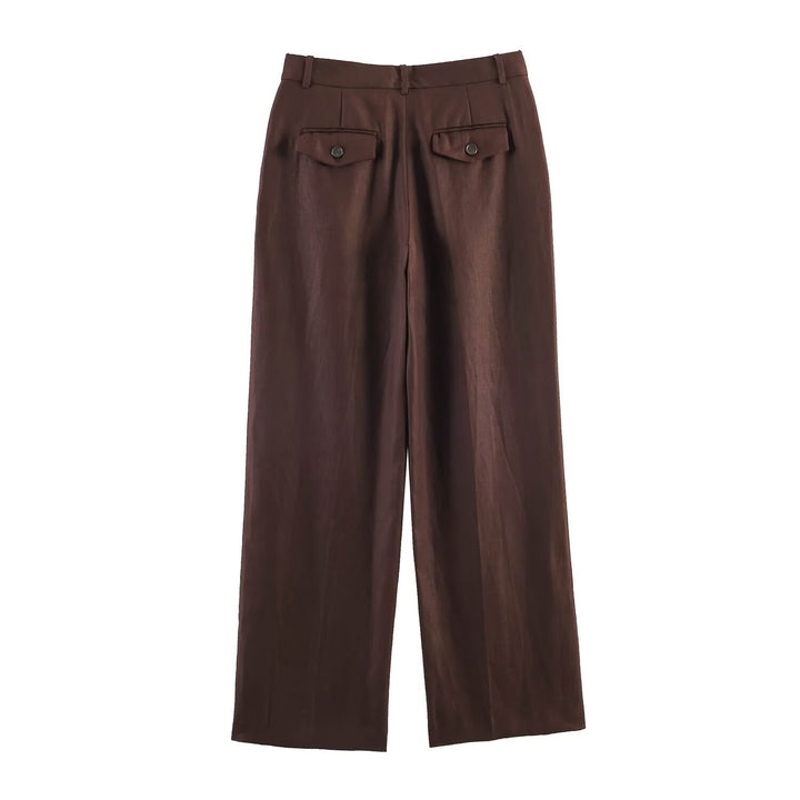 Damen Gerade geschnittene Leinenmisch-Hose mit hohem Bund, Bügelfalte und Eingrifftaschen Drune