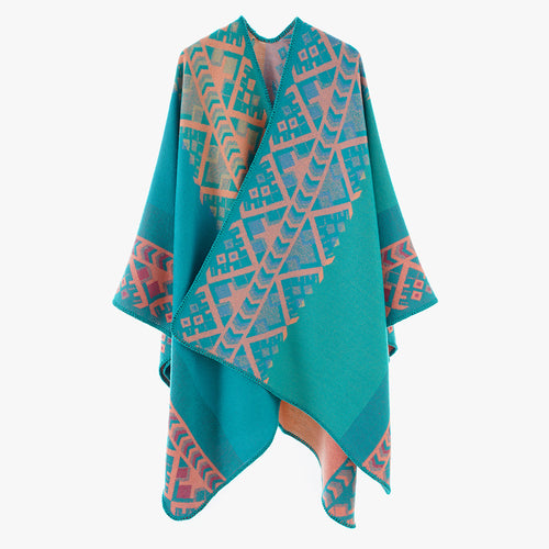Damen Capeponcho im gewebten Ethno‑Jacquard aus Wollmix mit gezackter Saumkante Drune