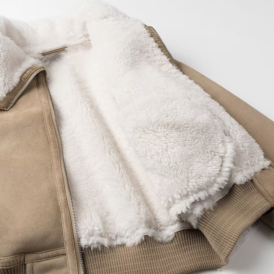 Damen Bomberjacke aus Veloursimitat mit Teddyfutter und großem Schalkragen Drune