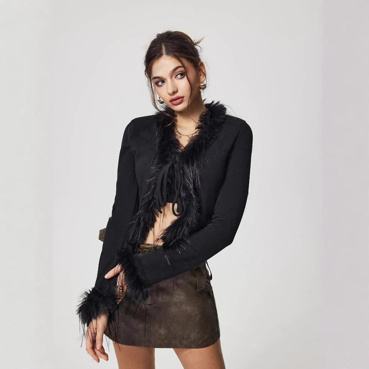 Damen kuschelige Jacke mit Federn Drune