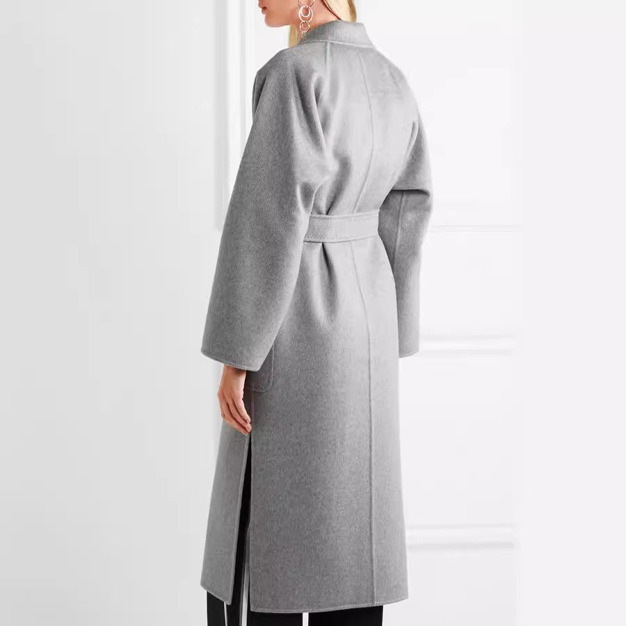 Damen Bodenlanger Offener Wollmix‑Mantel mit entspanntem Revers und fließendem Fall Drune