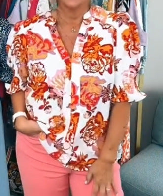 Damen nan lockere Bluse mit gerafften Puffärmeln und Knopfleiste Drune