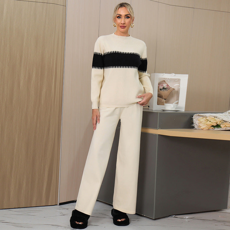 Damen gemütliches Strick-Loungewear-Set mit elegantem Strukturmuster und weitem Bein Drune