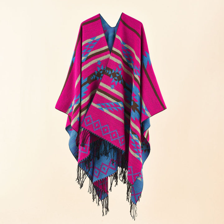 Damen Oversize-Ruana im grafischen Jacquard mit kontrastierter Innenseite und Fransensaum Drune