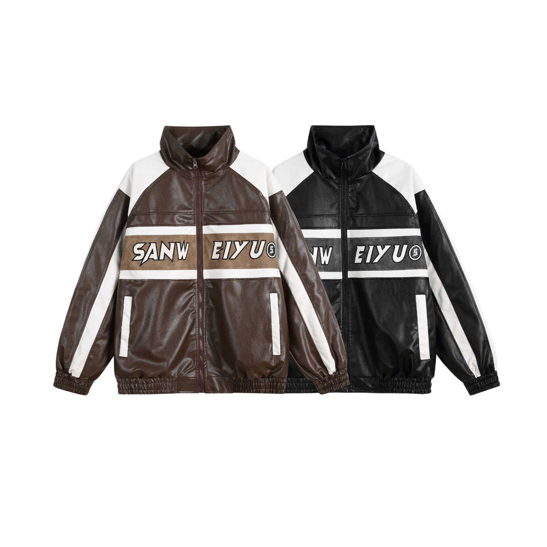 Damen Kunstleder-Trackjacke im Oversize-Cut mit hohem Stehkragen und Logopanel Drune
