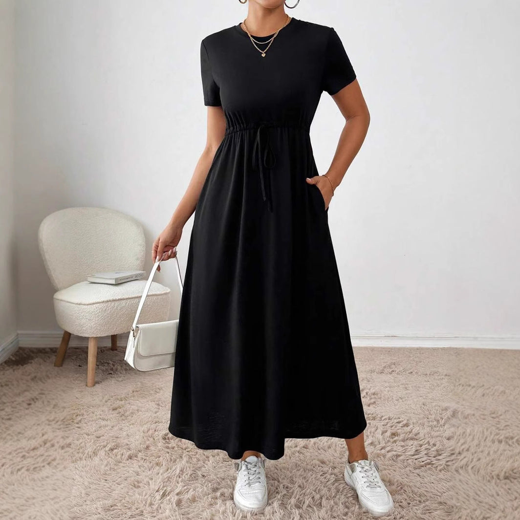 Damen lässiges Maxikleid mit elastischem Taillenbund und Rundhalsausschnitt Drune