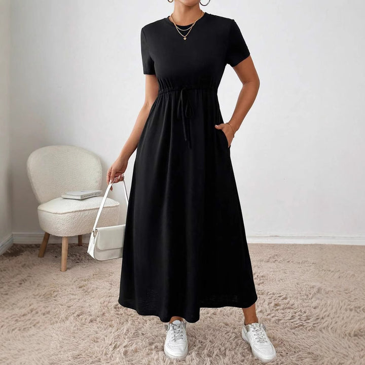 Damen lässiges Maxikleid mit elastischem Taillenbund und Rundhalsausschnitt Drune