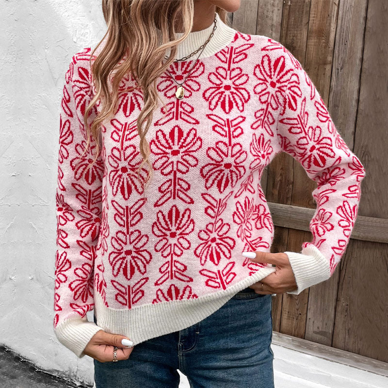 Damen GDrunelümter Jacquard-Strickpullover mit Rundhalsausschnitt und gerippten Bündchen Drune