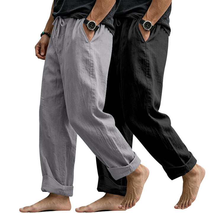 Herren Leinenmix-Loungehose mit elastischem Bund, Kordelzug und lockerer Passform Drune