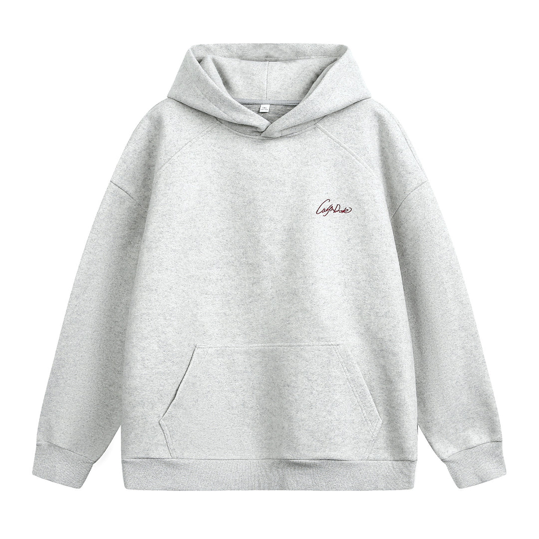 Unisex Oversize Kapuzenpullover aus schwerer Baumwollfleece mit Kängurutasche und Script‑Stickerei Drune