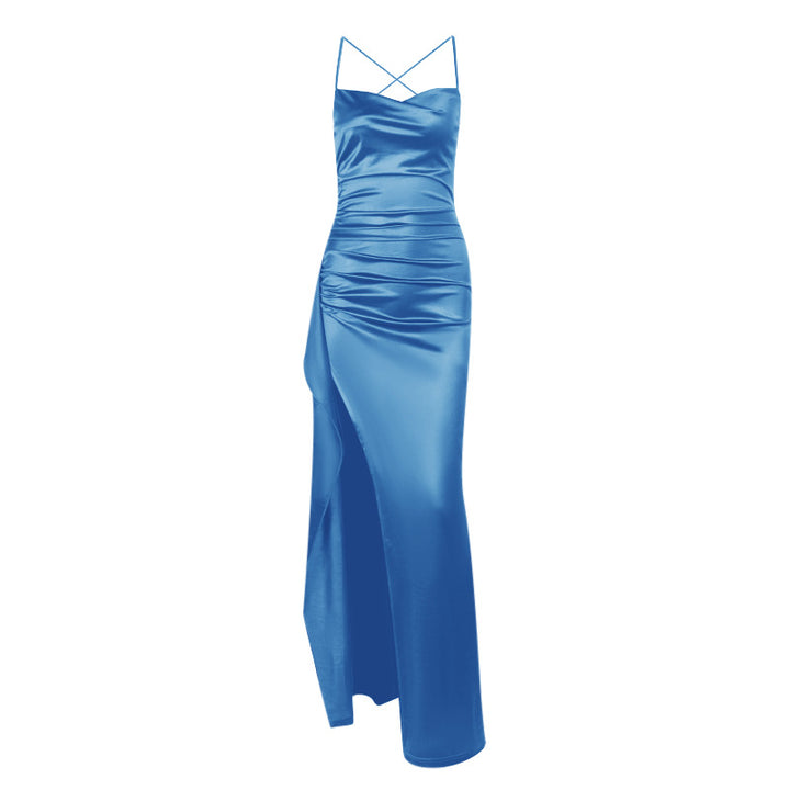 Damen elegantes Satin-Kleid mit tiefem Schlitz und verstellbaren Spaghetti-Trägern Drune