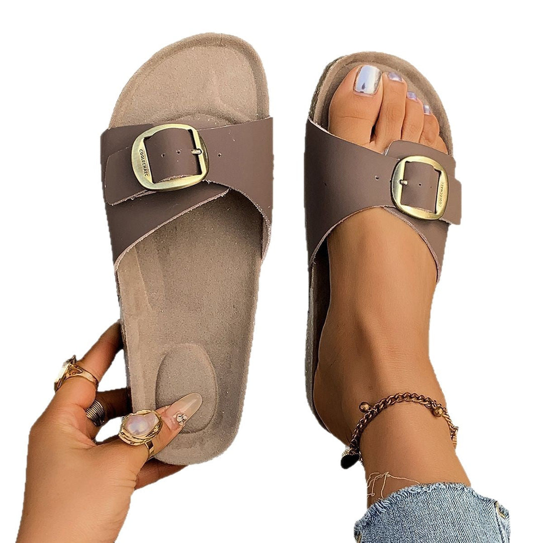 Damen Komfortable Fußbett-Sandalen mit breitem Riemen und glänzender Schnalle Drune