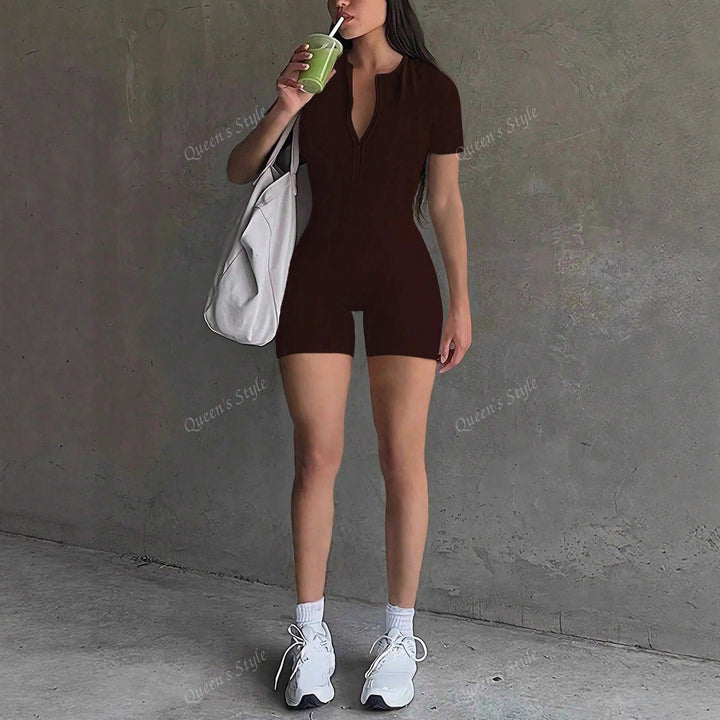 Damen Bodycon Jumpsuit mit kurzem Arm und Reißverschluss Drune