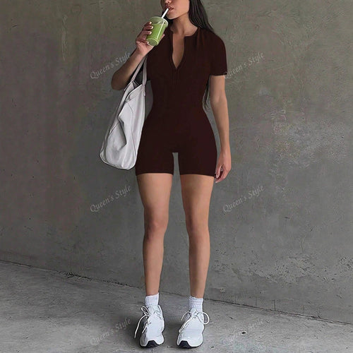 Damen Bodycon Jumpsuit mit kurzem Arm und Reißverschluss Drune