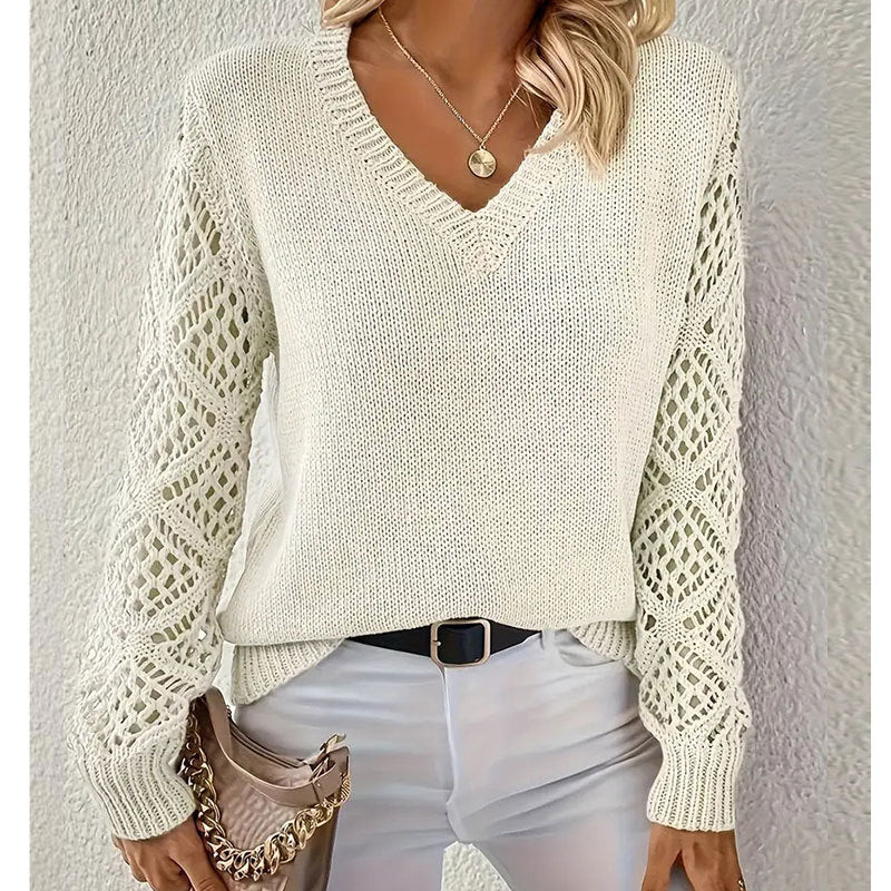 Damen Strickpullover mit raffiniertem Lochmuster und V-Ausschnitt Drune