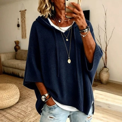 Damen nan Oversize Strickponcho mit Kapuze und kurzen Ärmeln Drune